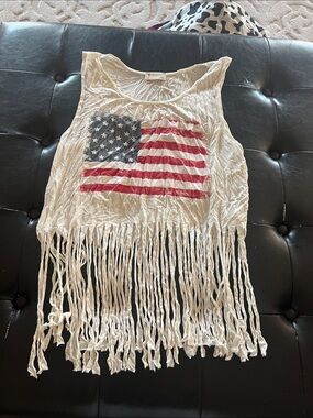 White Fringe Tank Top with American Flag Graphic